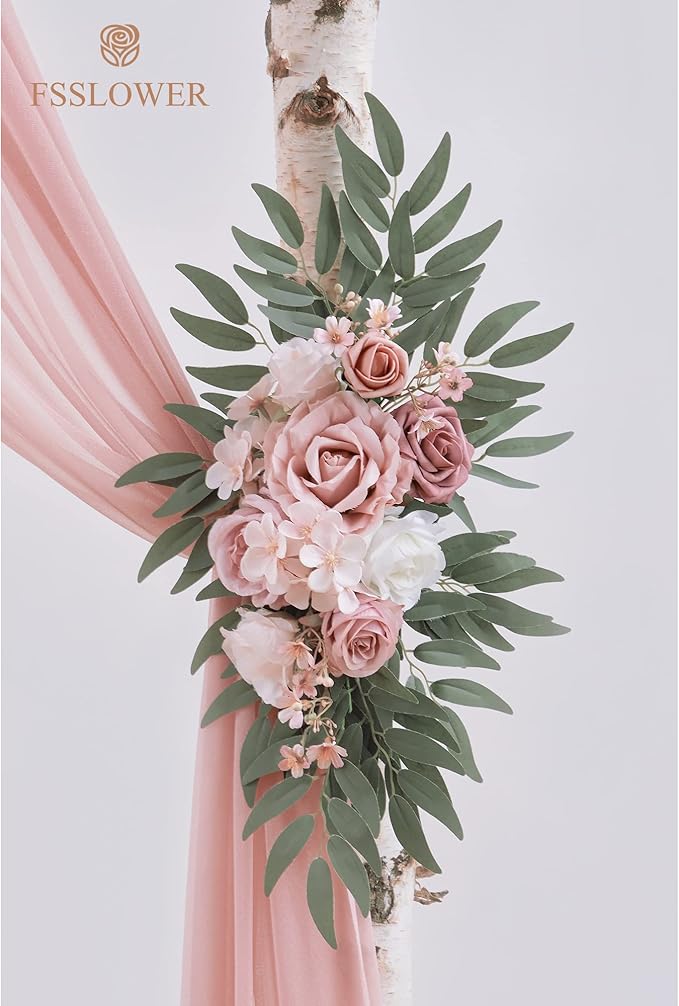 Wedding Arch Flowers with Drapes Kit (Pack of 3) - 2pcs Artificial Dusty Pink Deluxe Swag with 1pcs Sheer Drapes for Wedding Ceremony Backdrop Rose Floral Decoration Arbor Reception