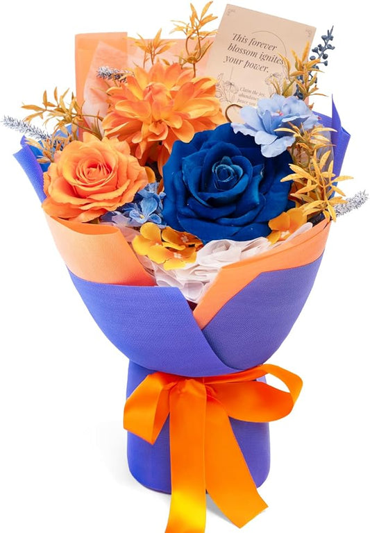 TINGE TIME Preserved Flowers Bouquet, Orange & Navy Blue Roses Gift Bouquet, Aritifical Flowers Gifts for Women, Eternal Roses Bouquet for Wife Anniversary Christmas Anniversary Home Décor