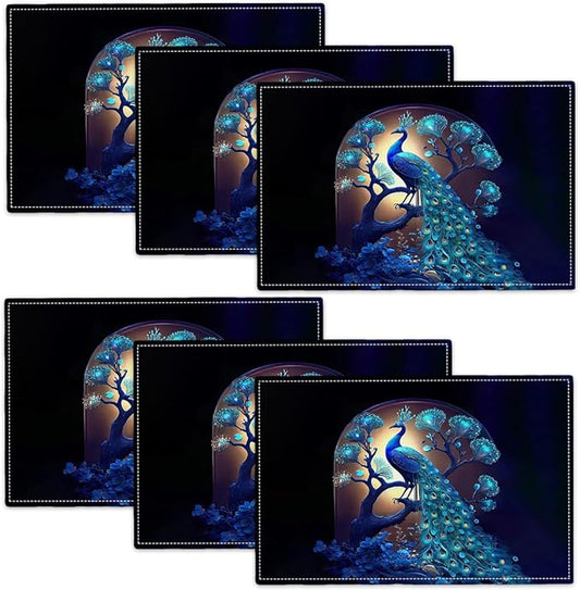 Blue Peacock Placemats Set of 6, Peacock Tree Place Mats Washable Double-Sided Table Mats for Kitchen Dining Room Home Party Indoor Decor 6 PCS 12x18 Inch