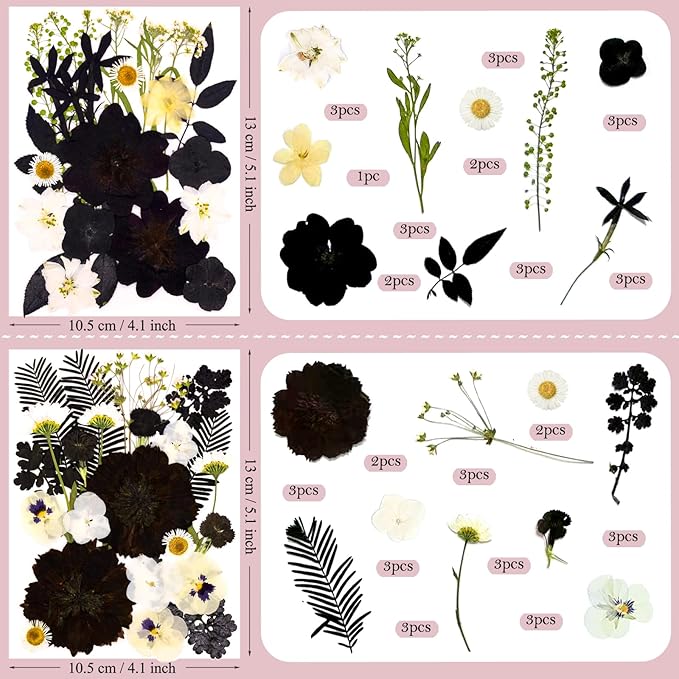 95 Pcs Black Pressed Dried Flowers for Resin, Real Natural Bulk Dry Wildflowers Leaves Perfect for Epoxy Molds, DIY Crafts, Soap Candles Jewelry Making, and Home Decor