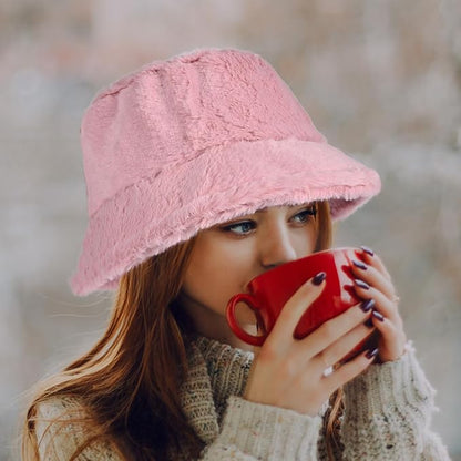 Winter Soft Faux Fur Plush Bucket Hat, Lovely Fisherman Cap, Fashion Outdoor Thick Warm Sun Cap for Women