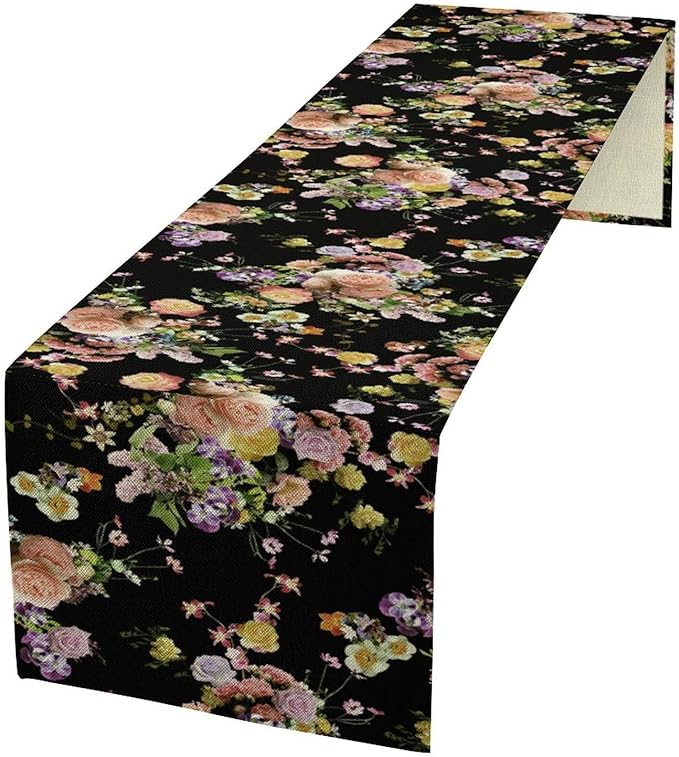 Vintage Floral Table Runner,Gothic Retro Flowers Spring Summer Seasonal Table Runner for Home Kitchen Table Dining Indoor Outdoor Party Decor 13x70 Inch