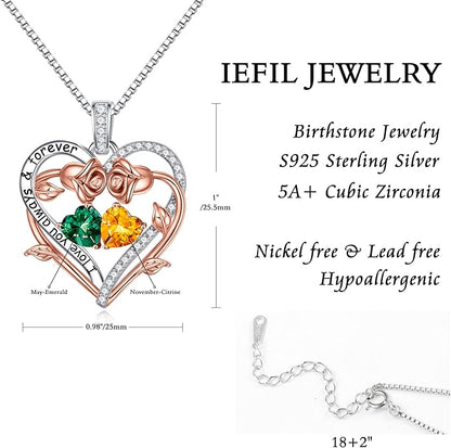 Iefil Rose Heart Double Birthstone Necklace Gifts for Wife Her Mom Women, Birthstone Jewelry Gemstone Birthday Gifts for Girlfriend Grandma Her Wife Women