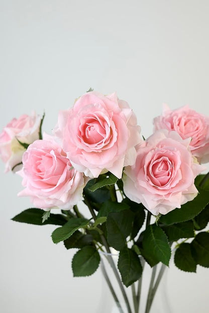 Real Touch Artificial Roses 6pcs, Floyd Roses,17.3”Faux Silk Roses Bouquet for Home Decor, Wedding Centerpieces, Romantic Gifts & Party Arrangements, Fuchsia Realistic Flowers (Light Pink)