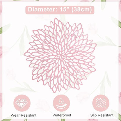 Snowkingdom Pink Placemats Set of 8, Round Vinyl Pink Flower Place Mats 15 Inch Fancy Dinning Floral Table Mats for Wedding Birthday Baby Shower Easter Halloween Christmas Holiday Party Decoration