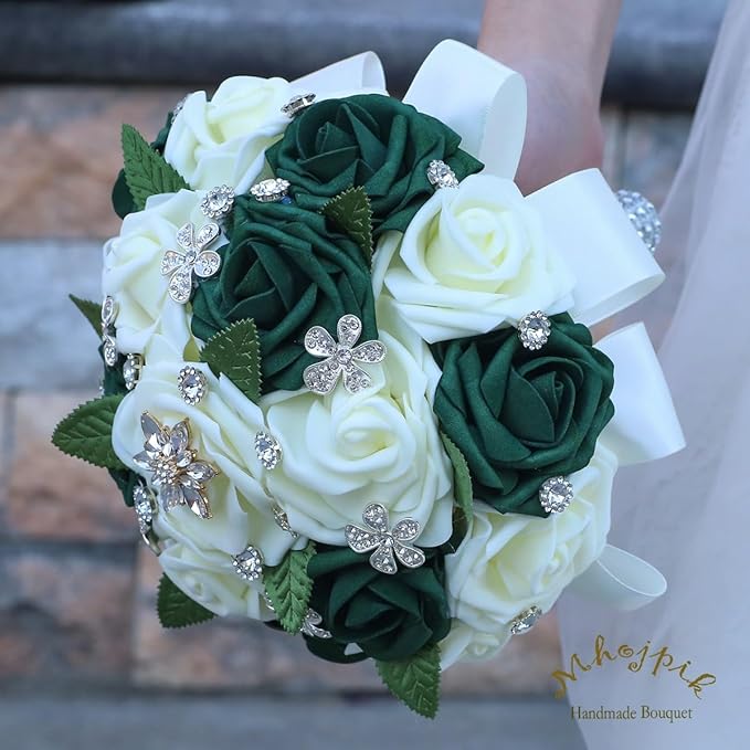 Lightweight Bridal Wedding Bouquet Round Holding Bouquet Throw Toss Artificial Rose Flower Bunch for Bride Bridesmaid Wedding Quinceanera (Cream & Dark Green, 7.9")