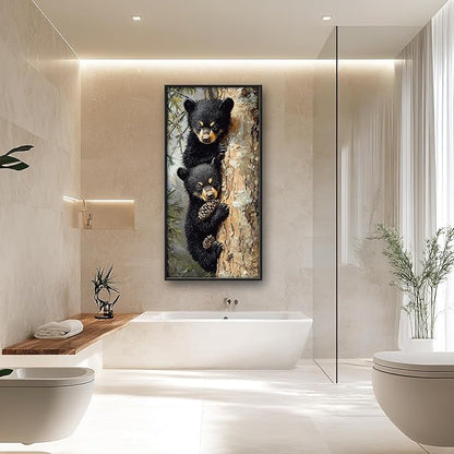 Cabin Bear Large Wall Art Black Bear Cubs Pictures Wall Decor Rustic Forest Animals Lodge Canvas Prints Wildlife Painting Framed Artwork Decoration for Nursery Bedroom Living Room Office 30"x60"