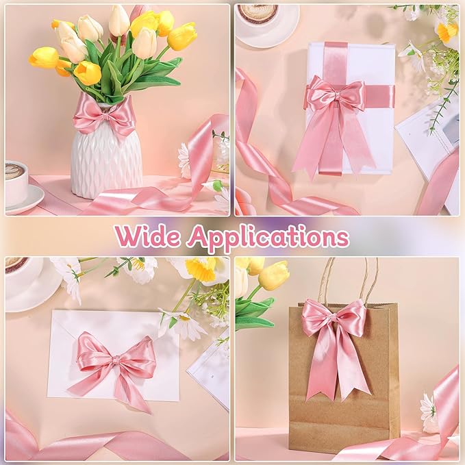 Pink Ribbon 1 1/2 inch 60 Yards Single Faced Pink Satin Christmas Ribbon for Lei Handmade Roses Bows Garden Vase Decor Crafts Flower Bouquet Wedding Decorations