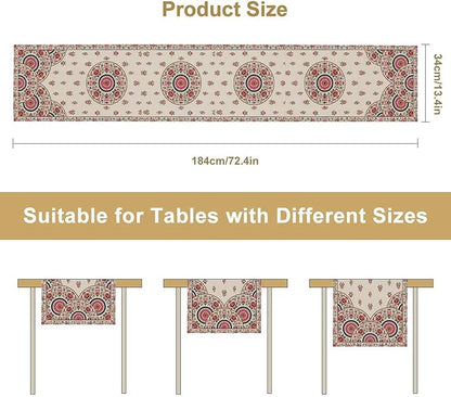 Bohemian Floral Table Runner, Vintage Ethnic Mandala Pink Flowers Boho Design Table Runner for Kitchen Dining Party Wedding, 13x60 Inch