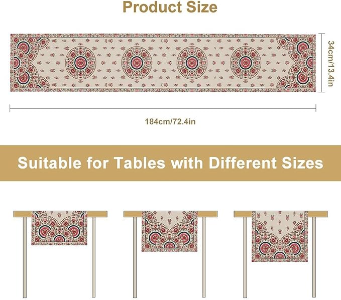 Bohemian Floral Table Runner, Vintage Ethnic Mandala Pink Flowers Boho Design Table Runner for Kitchen Dining Party Wedding, 13x70 Inch