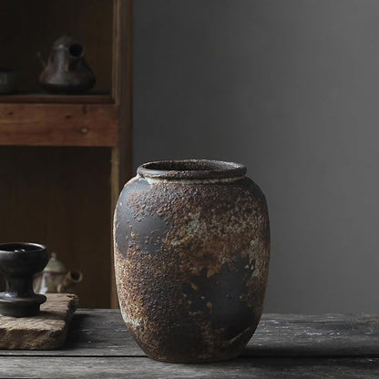 Denique Rustic Vase for Home Decor, Farmhouse Terracotta Vases, Large Ceramic Vase for Living Room Decor, Black Pottery Vase Large Clay Vase, Rustic Farmhouse Tabletop Decor(B-22cm)