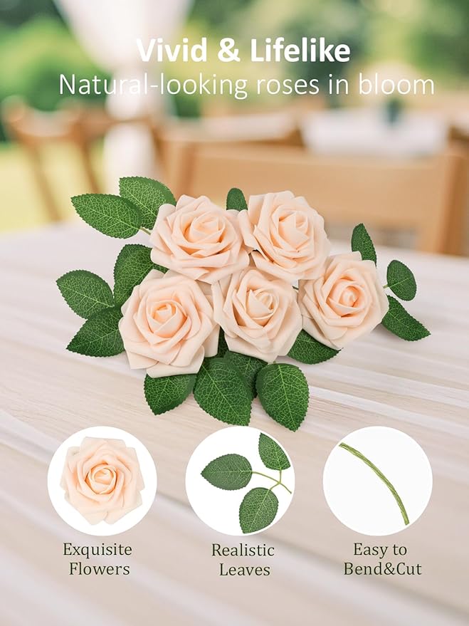 N&T NIETING Artificial Flowers, 25Pcs Fake Flowers Roses Perfect for DIY Wedding Bouquets Centerpieces Bridal Shower Party Home Flower Arrangement Decorations, Blush