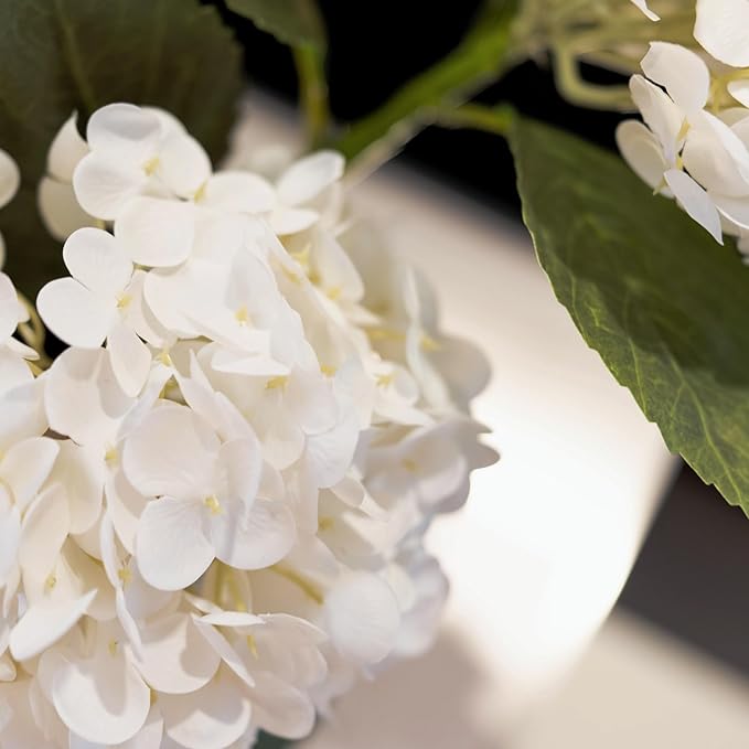 WILD WORKS Hydrangea Artificial Flower Natural Lifelike Real 21 inch Latex Long Stem 2 White+2 Dark Green Hydrangea Flower Bouquets for Christmas Decor Home Party Outdoor Wedding Decoration