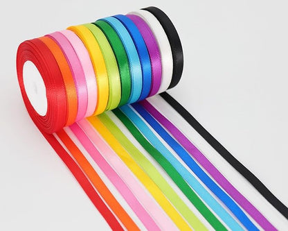 Multicolor Satin Ribbons for Crafting Rainbow Colorful Ribbon for Gift Wrapping Birthday Party Decorations, Double Face Thin Ribbon Hair Ribbons 12 Colours 1/4" X 10Yards Each Total 120 Yds