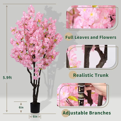 5.9ft Tall Cherry Blossom Artificial Tree, Handmade Light Pink Cherry Tree,Fake Flower Faux Silk Leaves Plant,Artificial Plants for Home Office Indoor Outdoor Party Wedding Christmas Decor