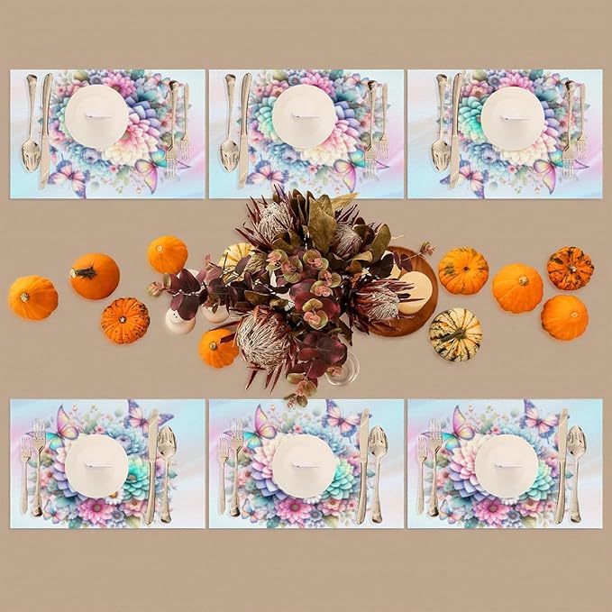 PVC Placemats Set of 6 Spring Flower Floral Wipeable Table Mats Washable Heat Resistant Non Slip Vinyl Dining Table Mat for Kithen Indoor Outdoor Patio Farmhouse Place Mats Decorative