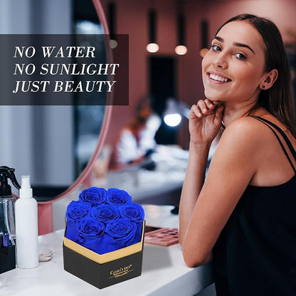 Preserved Roses Flowers for Delivery 7 Pcs, Forever Flores in a Box with Necklace, Eternal Rose Anniversary Birthday Gifts for Women Mom Wife Girlfriend, Rosas for Valentines Christmas, Blue