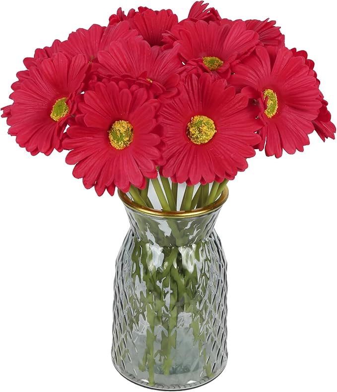 IPOPU Gerbera Daisy Artificial Flowers,20PCS Red Daisy Flowers Artificial Fake Daisies for Wedding Party Office Home Decorations(Red)
