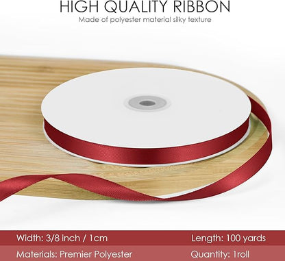 100 Yards 3/8 inch Satin Ribbon, Fabric Ribbon Solid Color Perfect for Gift Wrapping, Wedding, Handmade Bows, Floral Bouquets and Party Decoration(Wine red)