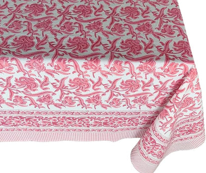 ATOSII Red Bloom 100% Cotton Rectangle Tablecloth, Block Print Floral Linen Table Cloth for Dining Parties Outdoors Weddings Holidays I 72 X 108 Inches, 8 Seater, Summer Farmhouse Grandmillennial