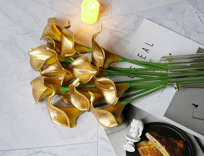 DuHouse 20Pcs Artificial Calla Lily Flower Real Touch Latex Flowers for DIY Wedding Bouquet Party Home Decor (18k Gold)