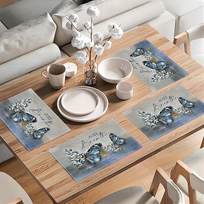 Blue Butterfly Placemats Set of 4, Farmhouse Country Rustic Just Breathe Place Mats Washable Double-Sided Table Mats for Dining Room Home Party Indoor 4 PCS 12x18 Inch