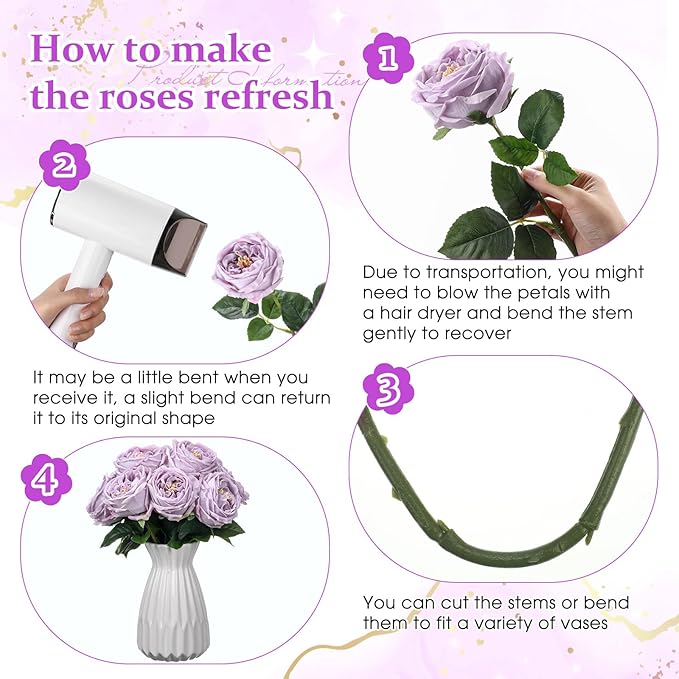 10pcs Real Touch Peonies Artificial Flowers, Faux Austin Rose with Long Stem Look Real Fake Flower for Christmas Valentines Arrangement Wedding Party Home Kitchen Decor (Light Purple)