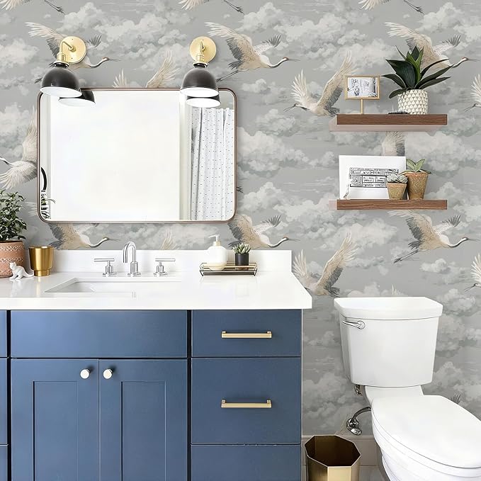 Peel and Stick Vintage Chinoiserie Animal Contact Paper Removable Grey Crane Wallpaper 17.7" x 118.11" Wall Paper Watercolor Self Adhesive for Classroom Bedroom Laundry Room Bathroom