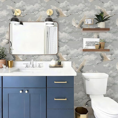Peel and Stick Vintage Chinoiserie Animal Contact Paper Removable Grey Crane Wallpaper 17.7" x 118.11" Wall Paper Watercolor Self Adhesive for Classroom Bedroom Laundry Room Bathroom
