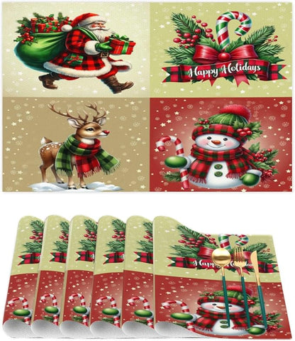 Christmas Waffle Santa Claus Cute Placemats Set of 6 PVC Vinyl Non Slip Table Mats Heat Resistant Place Mats Washable Wipeable Dining Table Mat for Kitchen Decor Party Indoor Outdoor Decorative Gift