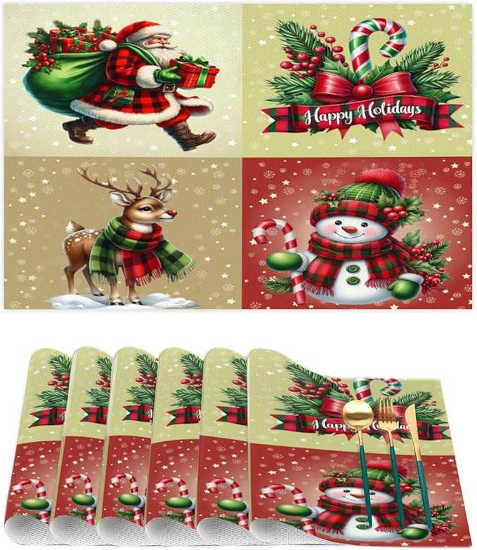 Christmas Waffle Santa Claus Cute Placemats Set of 4 PVC Vinyl Non Slip Table Mats Heat Resistant Place Mats Washable Wipeable Dining Table Mat for Kitchen Decor Party Indoor Outdoor Decorative Gift