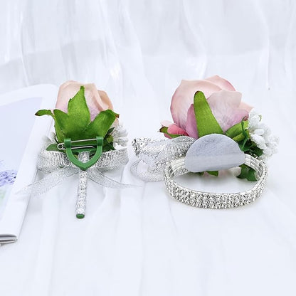 2Pcs Dust Pink Rose Corsage and Boutonniere Set, Artificial Wrist Corsage Wristlet Bracelets, Men Boutonniere for Wedding Anniversary Party Homecoming Flowers Accessories Prom Decor