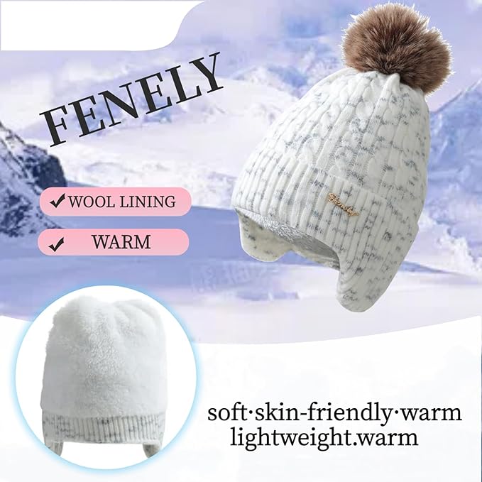 FENELY Women's Knitted Warm Beanie Winter Hat, Warm Chunky Snow Hat with Pompom