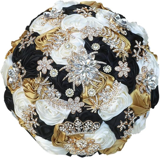 Handmade Satin Rose Floral Bling Pearl Decor Bridal Wedding Bouquet Rhinestone Pendant Artificial Brooch Flowers for Bride Bridesmaid Quinceanera