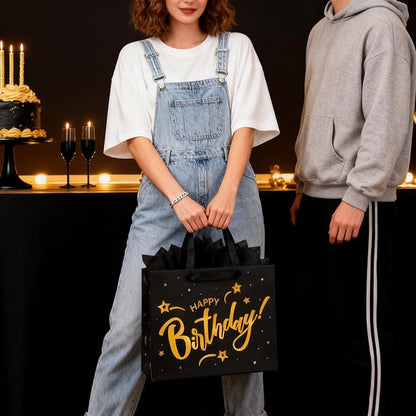 ASYEHJNR 13" Large Size Black Gold Birthday Gift Bag Twinkle Star with Metallic Gold Happy Birthday Sign Gift Bag with Greeting Card and Tissue Paper for Girls Boy Women Men Bday Supplies