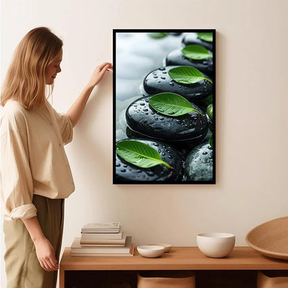 Glittering black stone cluster with fresh green leaves and water drops poster tranquil mist rain wall art zen wall art suitable for modern minimalist home decor 8x12in Metal blackFramed