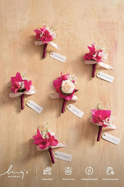 Ling's moment Boutonniere for Men, 6pcs Groom Groomsmen Boutonniere, Artificial Flowers for Wedding Decor/Prom/Homecoming, etc.Blush Hot Pink