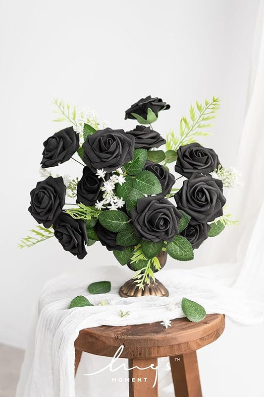 Ling's moment Artificial Flowers 50Pcs Black Roses Decor w/Stems,3" Real Touch DIY Foam Floral for Wedding Bouquet/Centerpieces, Outdoors Party Backdrop, Room/Table, and Garden/Pot Decorations