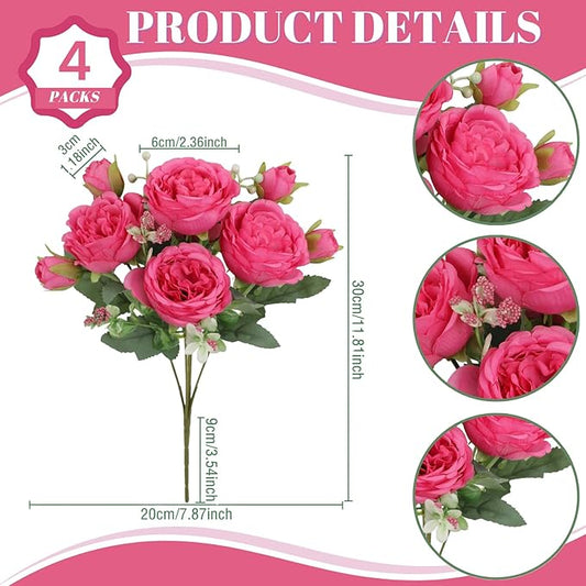 ASTRYAS 4Pcs Peonies Artificial Flowers, Hot Pink Peony Faux Peonies, Silk Peonies Flowers Fake Peonies Artificial Flowers Peonies Bouquet for Centerpiece Table Wedding Party Cake Home Decor