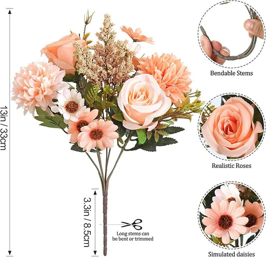 Dremisland Artificial Flowers Like Real Artificial Bouquet 4 Packs Silk Artificial Roses Bouquet with Daisy Chrysanthemum Champagne Flowers for Centerpiece Table Wedding Party Home Decor