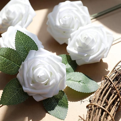 AmyHomie Artificial Flower White Rose 25pcs Real Looking Fake Roses w/Stem for DIY Wedding Bouquets Centerpieces Arrangements Party Baby Shower Valentines Day Christmas Tree Decorations