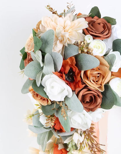 Wedding Bouquet, 11 Inch Terracotta Wedding Decor Artificial Flowers Bridal Bouquet Cascading Wedding Bouquets for Bride for Wedding Ceremony and Anniversary(Chic Terracotta)