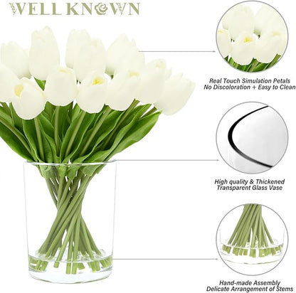 WELL KNOWN 20 Pcs White Tulips Artificial Flowers in Vase, Fake Flowers in Glass Vase, Real Touch Fake Tulips Artificial Flowers in vase with Faux Water for Home Decoration, Dining Table