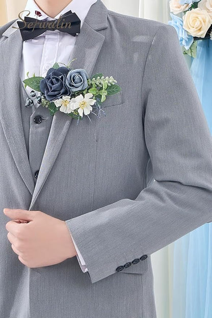 Serwalin Dusty Blue Corsage and Boutonniere Set 2pcs, 6-7inch Boutonniere and Wrist Corsage Wristband Prom Flower Wedding Flowers Accessories Prom Suit Decorations Cake Tppper