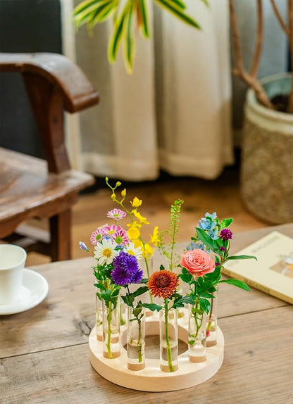 Melphoe Glass Bud Vases Small Flower Vase for Centerpieces Wedding Table Decorations, Home Decor, Propagation Station Plant Terrarium with Wooden Stand, Unique Plant Lover Gifts for Women (Beige)