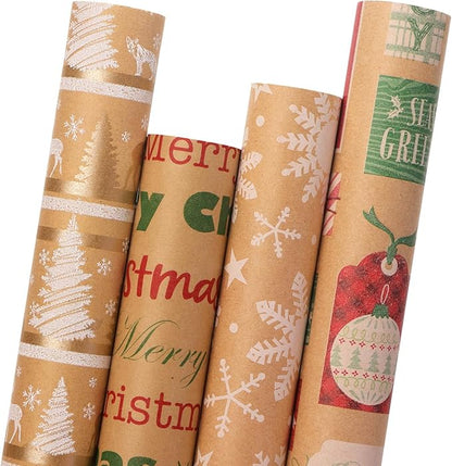 Ribbli Christmas Wrapping Paper, 4 Rolls Vintage Kraft Wrapping paper, 17 Inch x 10 Feet Per Roll, Snowflakes Christmas Tree Gift Box Printed Assortment