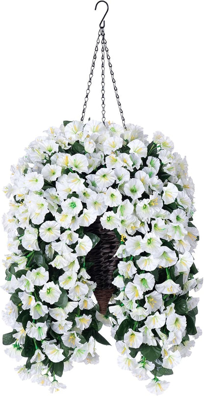 Artificial Fake Flowers Plants Hanging Baskets for Outdoor Outside Winter Christmas Decor, Faux Silk Hanging White Morning Glory Trailing Vines UV Resistant for Porch Patio Home Decoration