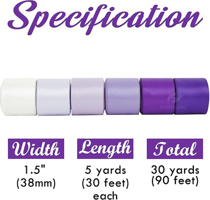 HUIHUANG Purple Ribbon 1-1/2 inch Lilac Purple and White Satin Ribbon Assorted for Flower Bouquet, Gift Wrapping, Bows, Crafts, Eternal Flowers, Bridal Shower Wedding Decor- 6 Rolls, Total 30 Yards