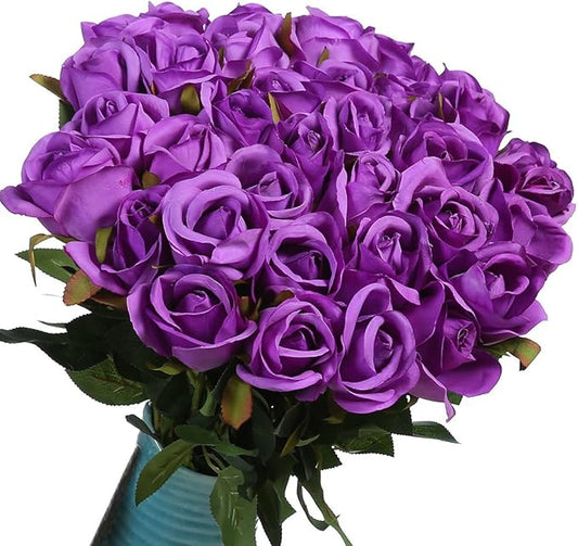 Veryhome Artificial Flowers Silk Roses Fake Bridal Wedding Bouquet for Home Garden Party Floral Decor 10 Pcs (Purple Straight stem)