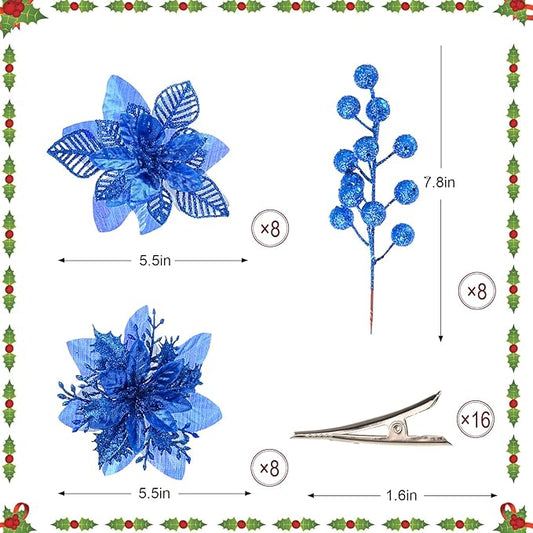 24 Pcs Royal Blue Boxed Christmas Poinsettia Flowers Set, 16 Pcs Artificial Poinsettias with Clips, 8 pcs Glitter Christmas Tree Ornaments Berry Stems for Wedding Home Holiday Xmas Decorations